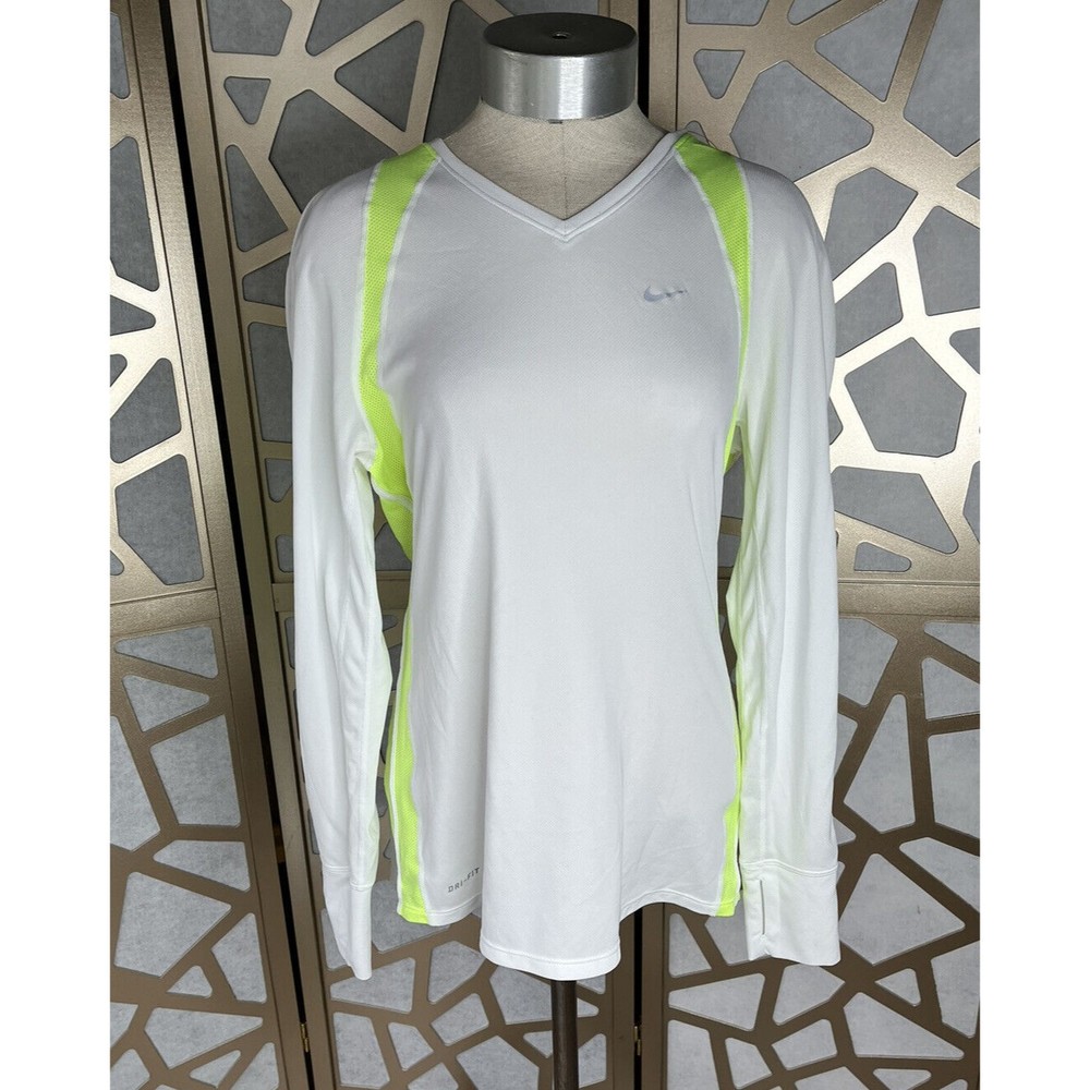 Nike Dri-Fit V-Neck LS Running Training Shirt Womens Size M medium white green